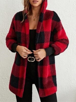 Casual Regular Stripes Plaid Open Front Long Sleeve Fleece Jacket - Image 5
