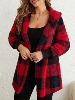 Casual Regular Stripes Plaid Open Front Long Sleeve Fleece Jacket - Image 6