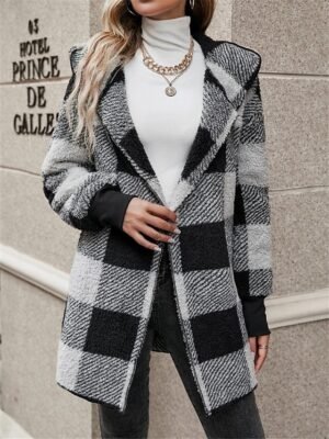 Casual Regular Stripes Plaid Open Front Long Sleeve Fleece Jacket - Image 7
