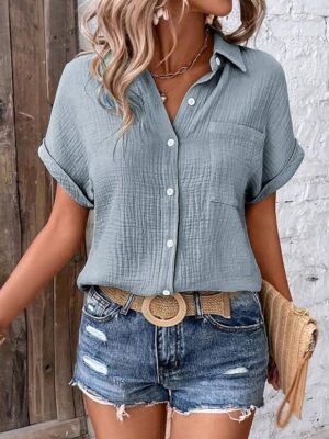 Casual Regular Textured V Neck Short Sleeve Summer Blouse - Image 1