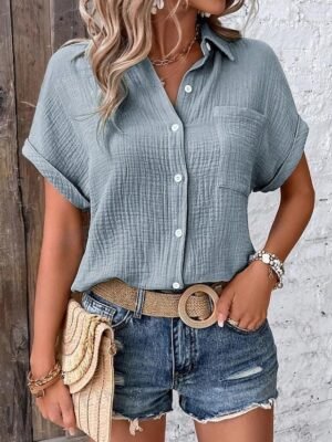 Casual Regular Textured V Neck Short Sleeve Summer Blouse - Image 2