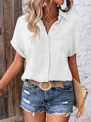 Casual Regular Textured V Neck Short Sleeve Summer Blouse - Image 6