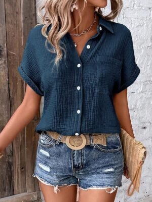 Casual Regular Textured V Neck Short Sleeve Summer Blouse - Image 7