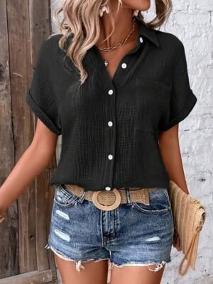 Casual Regular Textured V Neck Short Sleeve Summer Blouse - Image 8