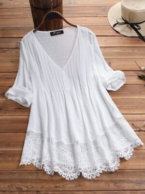 Casual Regular Tribal V Neck 3/4 Sleeve Tunic Lace Blouse - Image 1