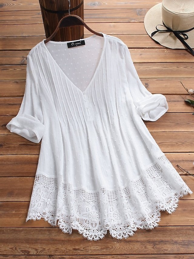 Casual Regular Tribal V Neck 3/4 Sleeve Tunic Lace Blouse - Image 1