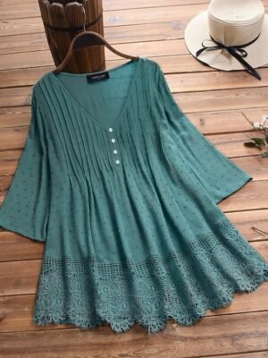 Casual Regular Tribal V Neck 3/4 Sleeve Tunic Lace Blouse - Image 3