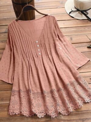 Casual Regular Tribal V Neck 3/4 Sleeve Tunic Lace Blouse - Image 6