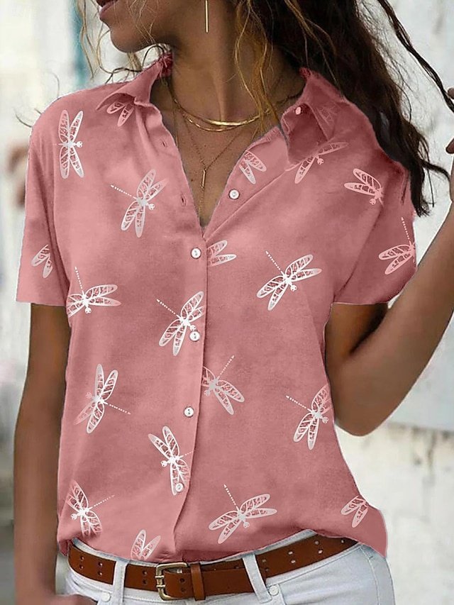 Casual Relaxed Dragonfly Print Lapel Collar Short Sleeve Spring Top - Image 1