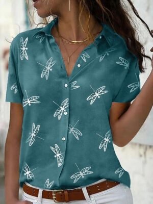 Casual Relaxed Dragonfly Print Lapel Collar Short Sleeve Spring Top - Image 2