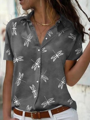 Casual Relaxed Dragonfly Print Lapel Collar Short Sleeve Spring Top - Image 3