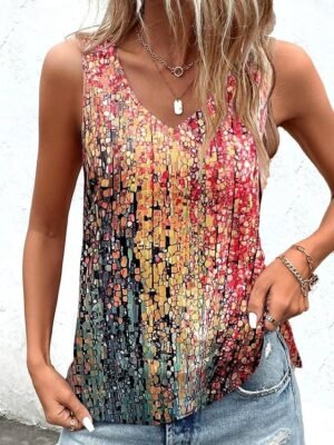 Casual Relaxed Fit Mosaic V Neck Sleeveless Flowy Tank Top - Image 1