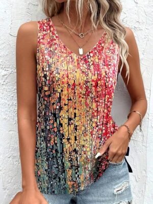 Casual Relaxed Fit Mosaic V Neck Sleeveless Flowy Tank Top - Image 10