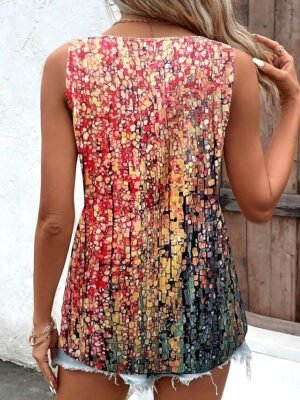 Casual Relaxed Fit Mosaic V Neck Sleeveless Flowy Tank Top - Image 9
