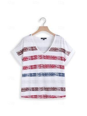 Casual Relaxed Fit Striped V Neck Short Sleeve Patriotic T-Shirt - Image 6