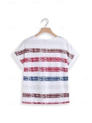 Casual Relaxed Fit Striped V Neck Short Sleeve Patriotic T-Shirt - Image 7