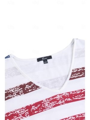 Casual Relaxed Fit Striped V Neck Short Sleeve Patriotic T-Shirt - Image 8