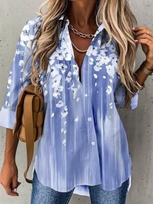 Casual Relaxed Gradient Floral Lapel Long Sleeve Top - Image 2