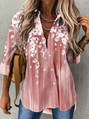 Casual Relaxed Gradient Floral Lapel Long Sleeve Top - Image 3