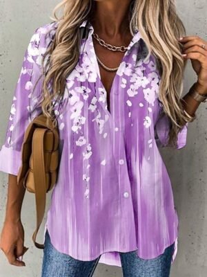 Casual Relaxed Gradient Floral Lapel Long Sleeve Top - Image 4