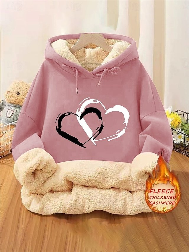 Casual Relaxed Heart Print Round Neck Long Sleeve Hoodie - Image 1