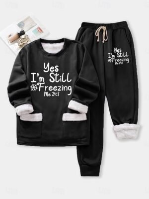 Casual Relaxed Letter Crew Neck Long Sleeve Fleece Tracksuit - Image 6