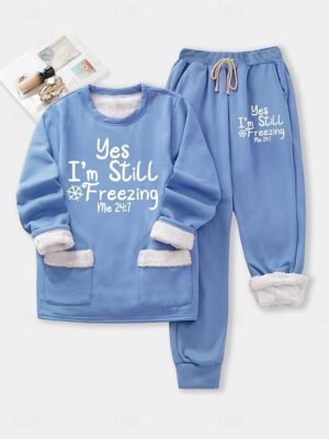 Casual Relaxed Letter Crew Neck Long Sleeve Fleece Tracksuit - Image 7