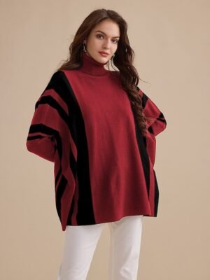 Casual Ribbed Striped Plaid Turtleneck Long Sleeve Sweater - Image 1