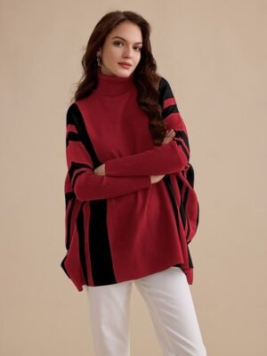 Casual Ribbed Striped Plaid Turtleneck Long Sleeve Sweater - Image 2