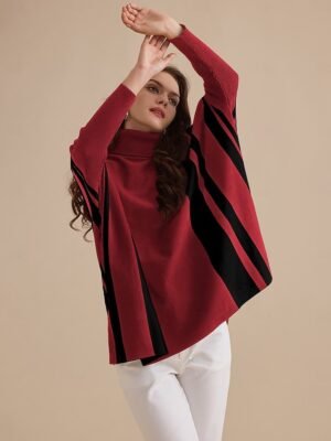 Casual Ribbed Striped Plaid Turtleneck Long Sleeve Sweater - Image 3