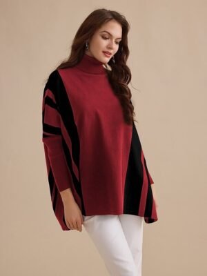 Casual Ribbed Striped Plaid Turtleneck Long Sleeve Sweater - Image 4