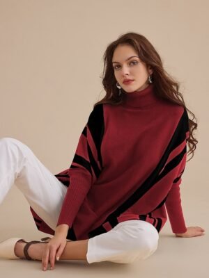 Casual Ribbed Striped Plaid Turtleneck Long Sleeve Sweater - Image 6