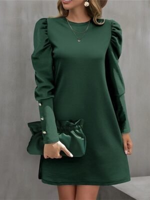 Casual Ruched Crew Neck Long Sleeve Mini Dress - Image 5