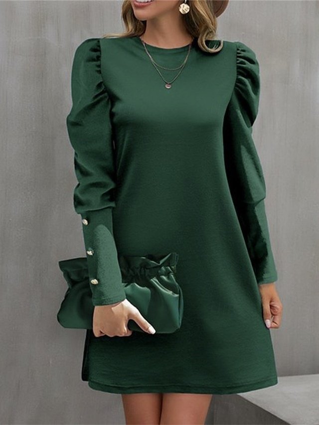 Casual Ruched Crew Neck Long Sleeve Mini Dress - Image 5