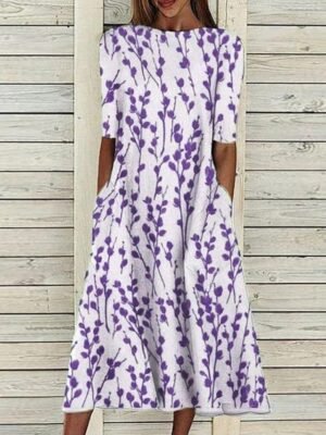 Casual Shift Floral Crew Neck Half Sleeve Midi Dress - Image 5