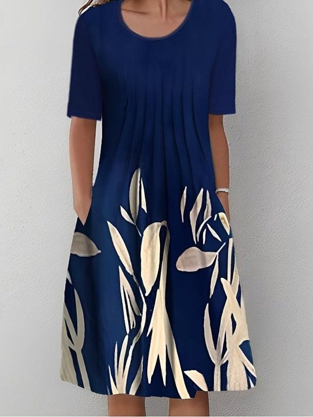 Casual Shift Floral Crew Neck Short Sleeve Midi Dress - Image 1