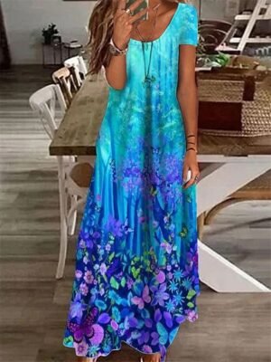 Casual Shift Floral Crew Neck Short Sleeve Maxi Dress - Image 1