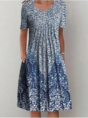 Casual Shift Floral Crew Neck Short Sleeve Midi Dress - Image 1