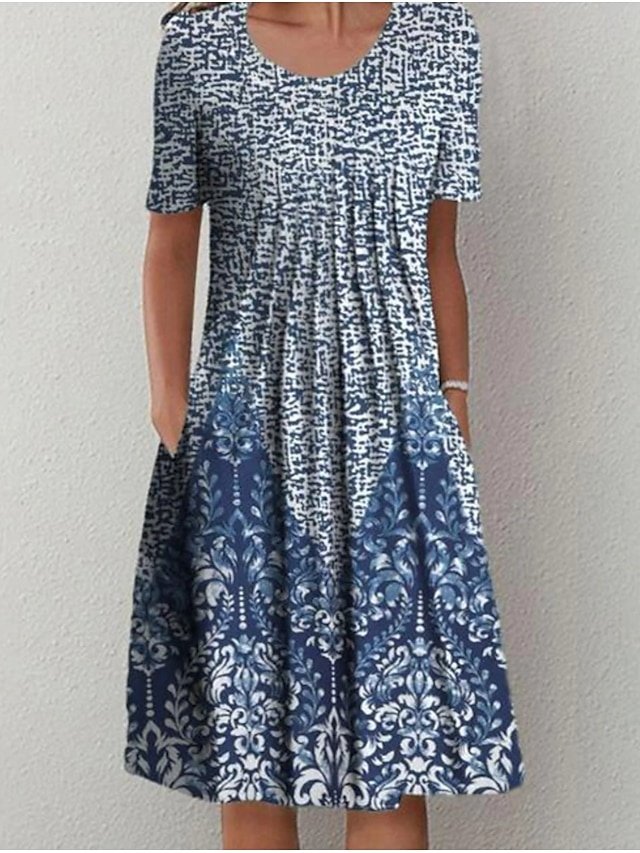 Casual Shift Floral Crew Neck Short Sleeve Midi Dress - Image 1