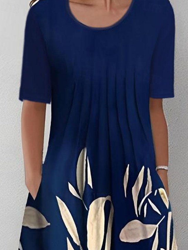 Casual Shift Floral Crew Neck Short Sleeve Midi Dress - Image 2