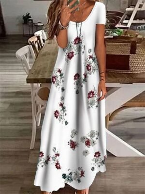 Casual Shift Floral Crew Neck Short Sleeve Maxi Dress - Image 2