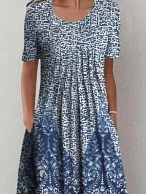 Casual Shift Floral Crew Neck Short Sleeve Midi Dress - Image 2