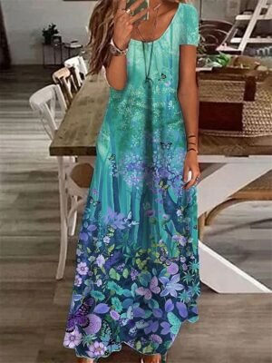 Casual Shift Floral Crew Neck Short Sleeve Maxi Dress - Image 3