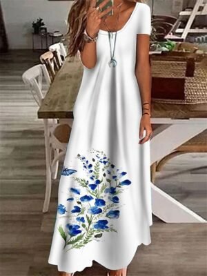 Casual Shift Floral Crew Neck Short Sleeve Maxi Dress - Image 4