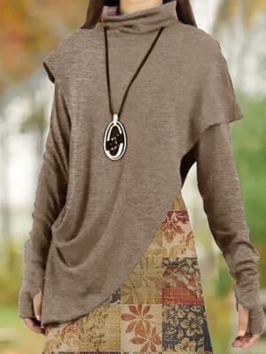 Casual Shift Floral Leaf Cowl Neck Long Sleeve Mini Dress - Image 2