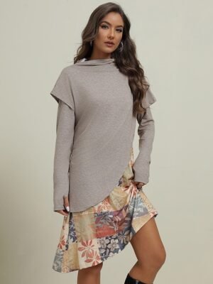 Casual Shift Floral Leaf Cowl Neck Long Sleeve Mini Dress - Image 6