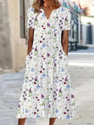 Casual Shift Floral V Neck Short Sleeve Midi Dress - Image 1