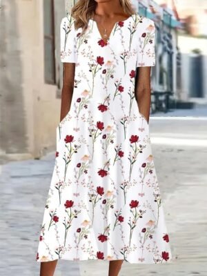 Casual Shift Floral V Neck Short Sleeve Midi Dress - Image 2