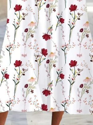 Casual Shift Floral V Neck Short Sleeve Midi Dress - Image 3