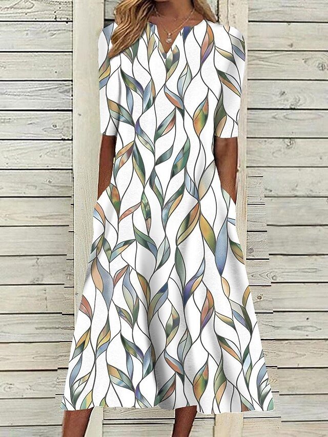 Casual Shift Leaf Print V Neck Half Sleeve Midi Dress - Image 1